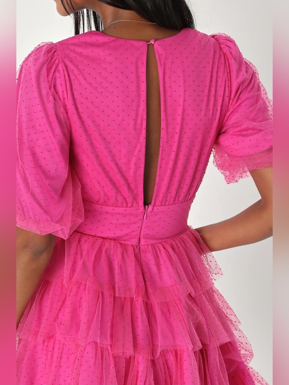 Lulus Dramatic Poise Hot Pink Dot Tulle Puff Sleeve Tiered Mini Dress SZ Large - Picture 3 of 8